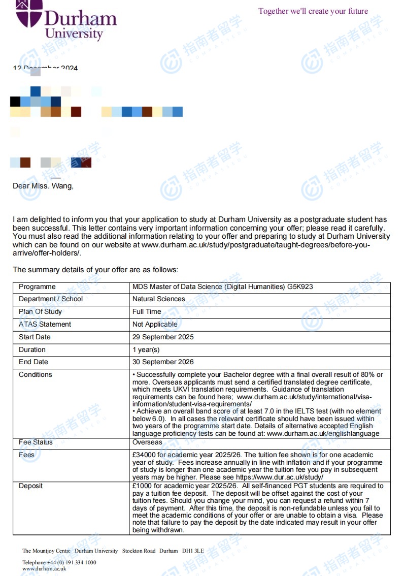 杜伦大学数据科学（数字人文）硕士研究生offer一枚