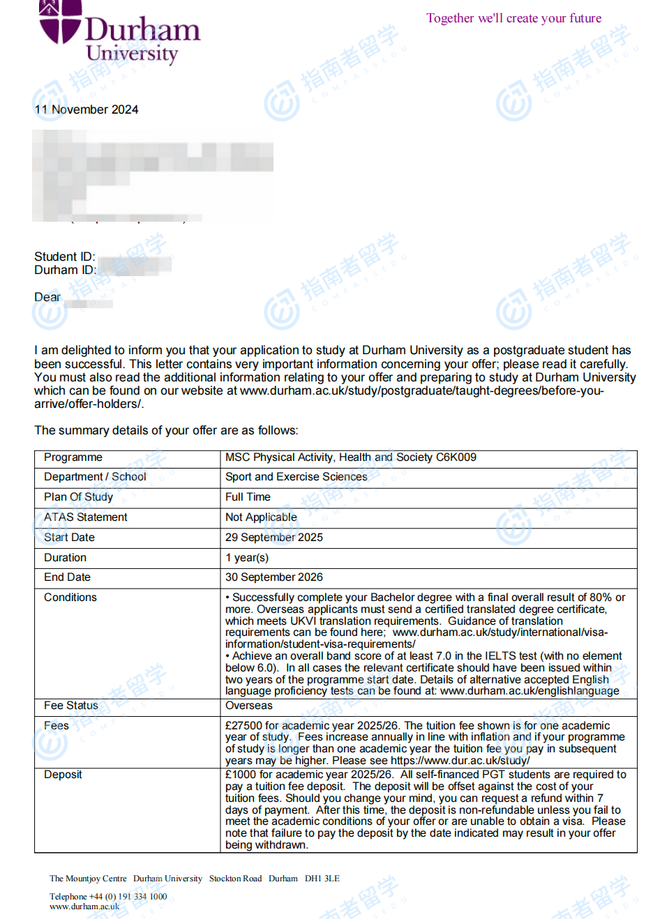 杜伦大学体育活动、健康与社会理学硕士研究生offer一枚