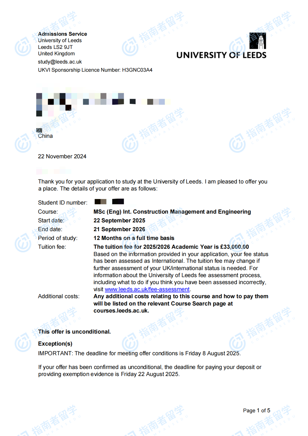 利兹大学国际建筑管理与工程（工程）理学硕士研究生offer一枚