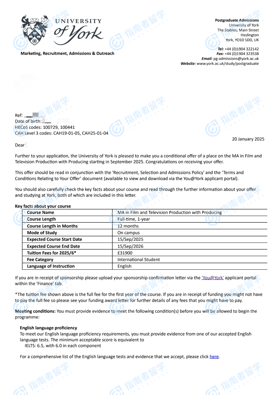 约克大学（英国）影视制作（制作）文学硕士研究生offer一枚