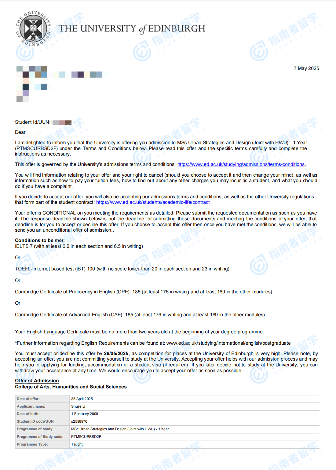城市战略与设计理学硕士（爱丁堡大学-赫瑞瓦特大学联合开设）offer