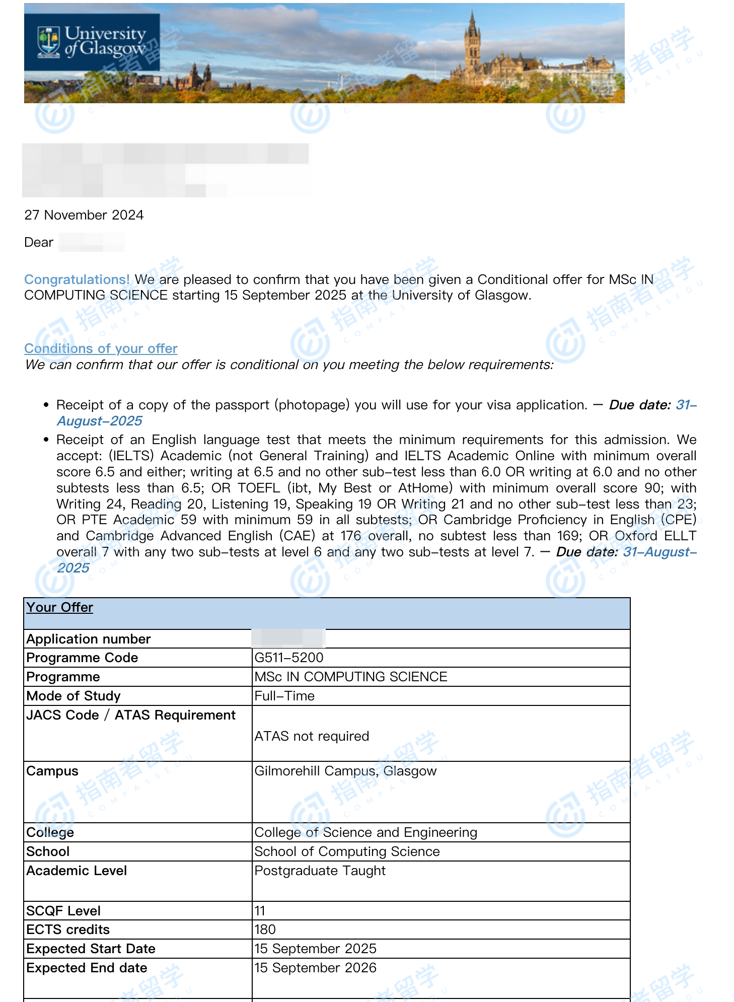 格拉斯哥大学计算科学理学硕士研究生offer一枚