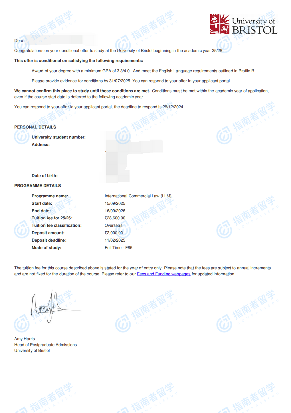 布里斯托大学国际商法法学硕士研究生offer一枚