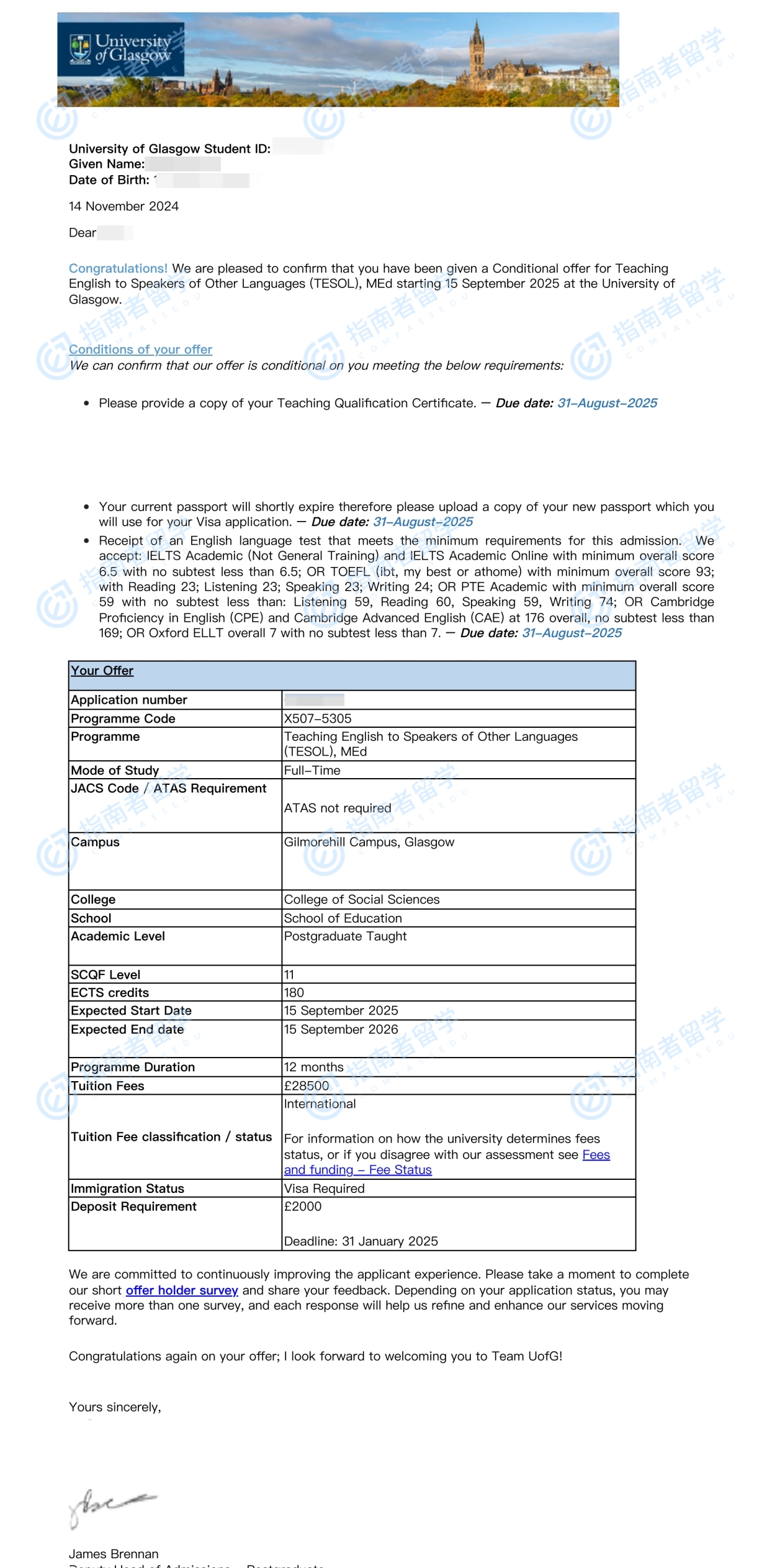 格拉斯哥大学对外英语教学教育学硕士研究生offer一枚