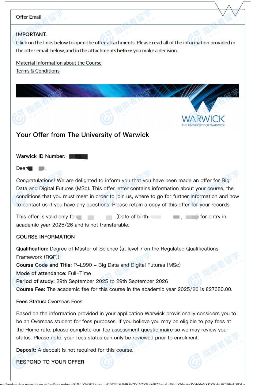 华威大学大数据与数字未来理学硕士研究生offer一枚