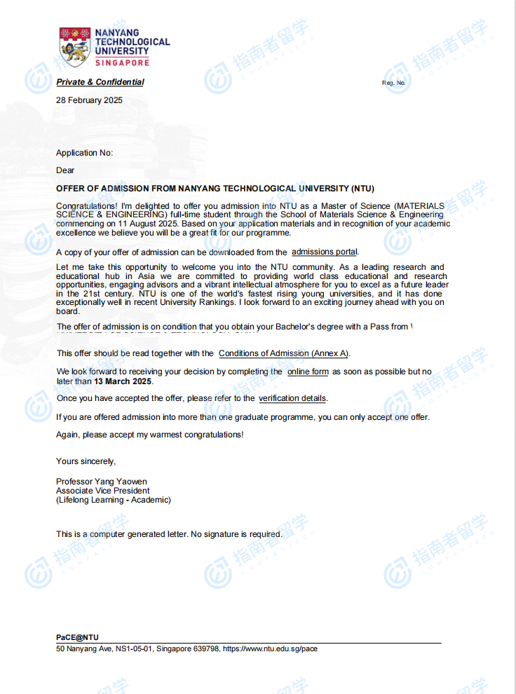 南洋理工大学材料科学与工程理学硕士研究生offer一枚
