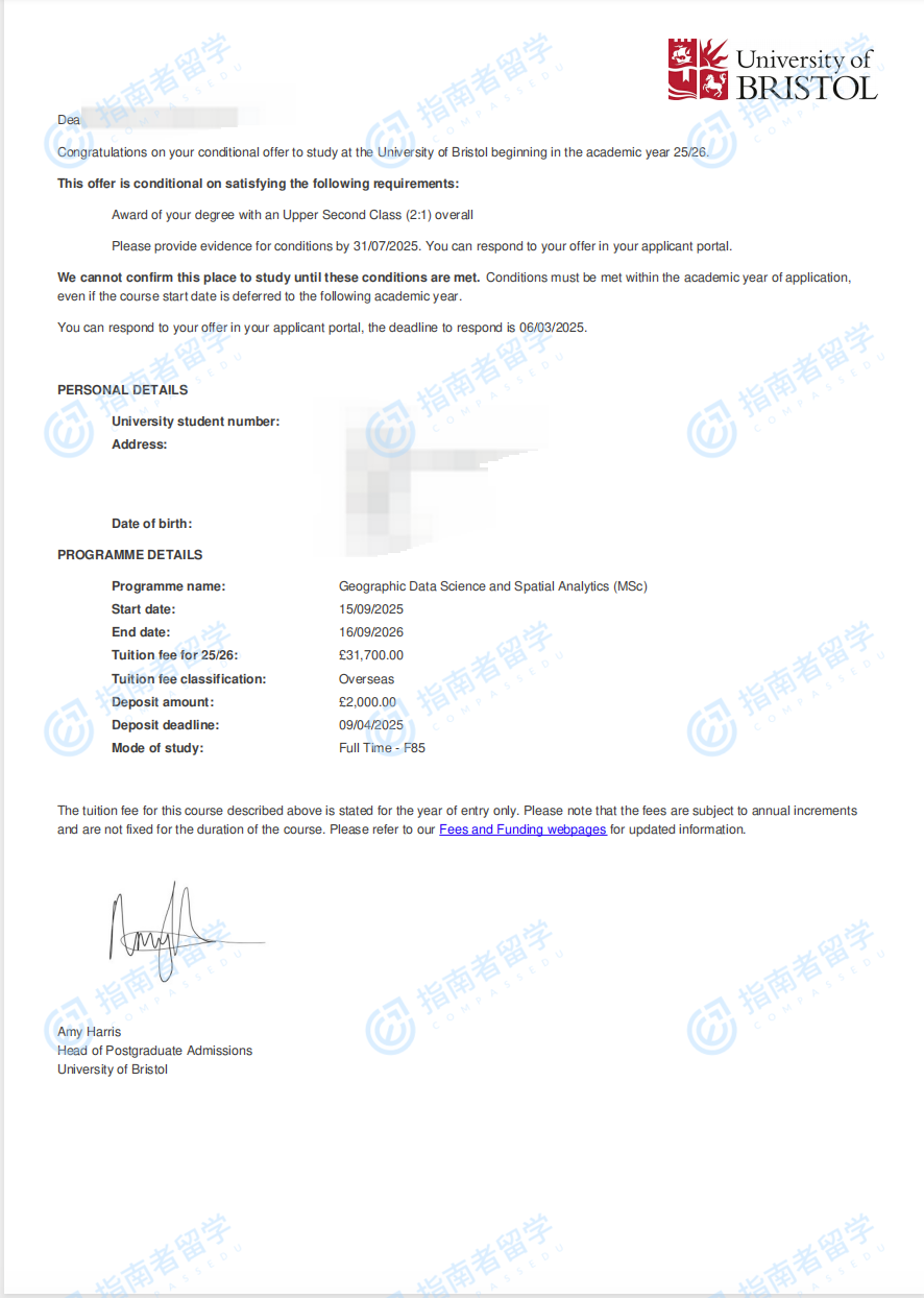 布里斯托大学地理数据科学与空间分析理学硕士研究生offer一枚
