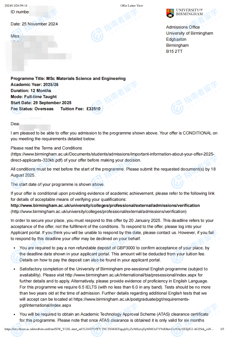 伯明翰大学材料科学与工程学理学硕士研究生offer一枚