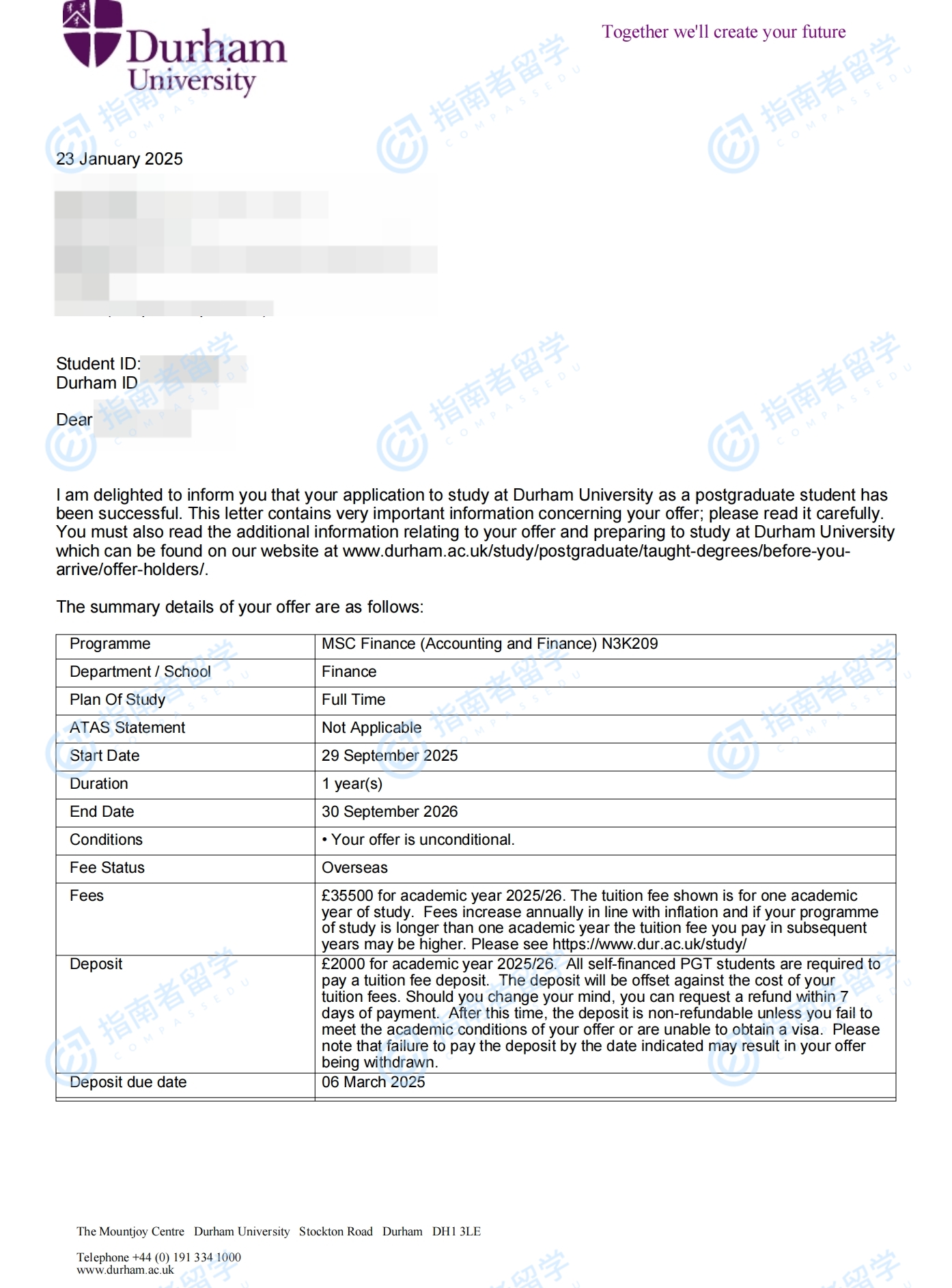 杜伦大学金融学（会计与金融）理学硕士研究生offer一枚