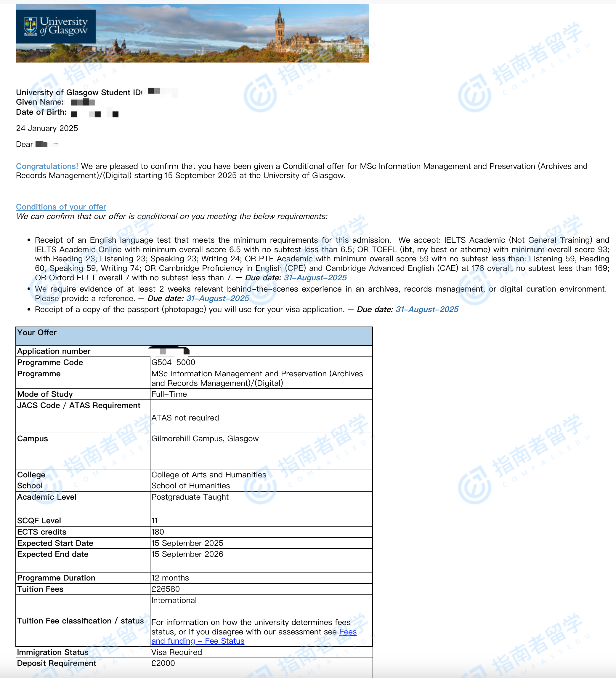 格拉斯哥大学信息管理与保存理学硕士研究生offer一枚