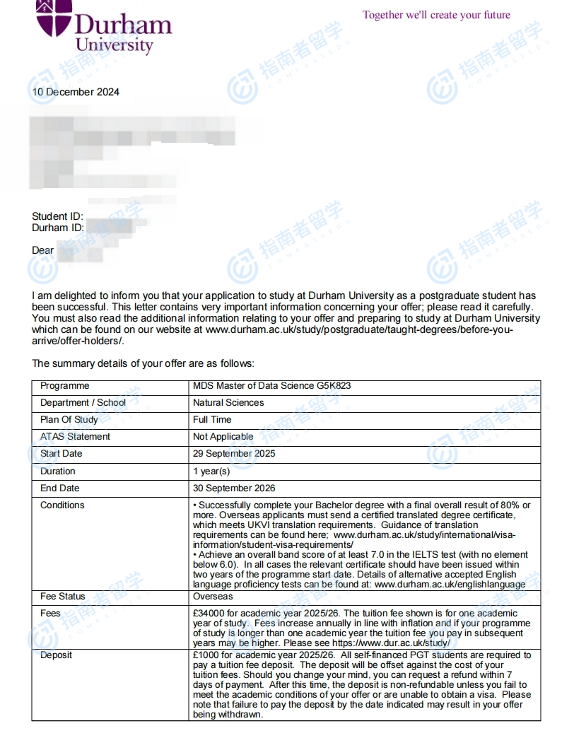 杜伦大学数据科学硕士研究生offer一枚