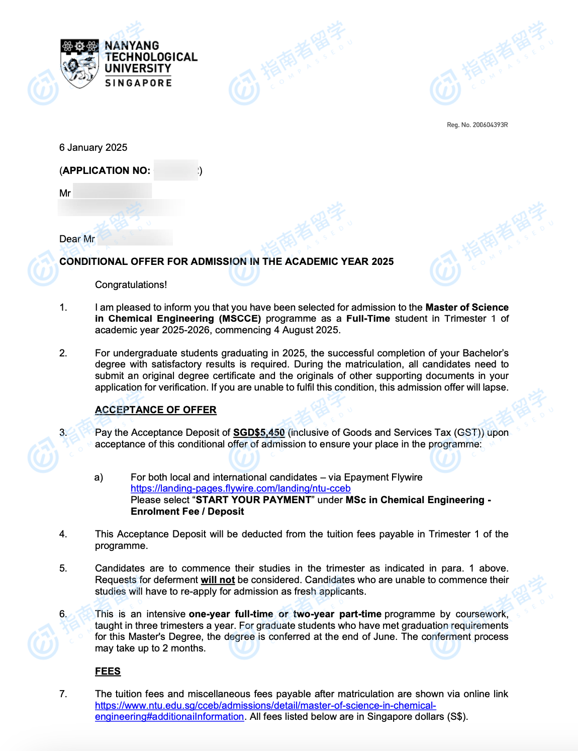 南洋理工大学化学工程理学硕士研究生offer一枚