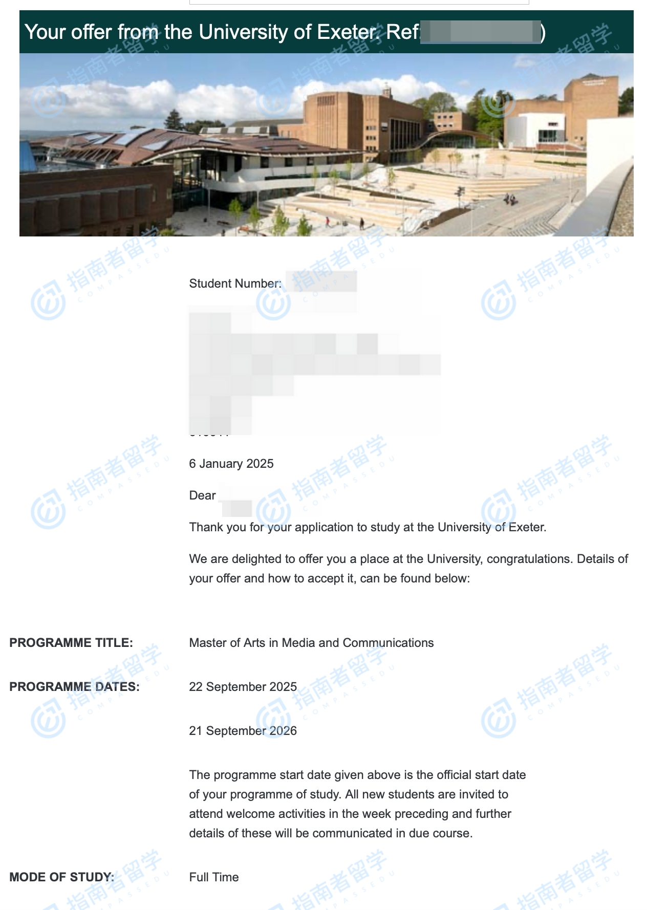 埃克塞特大学媒体与传播文学硕士研究生offer一枚