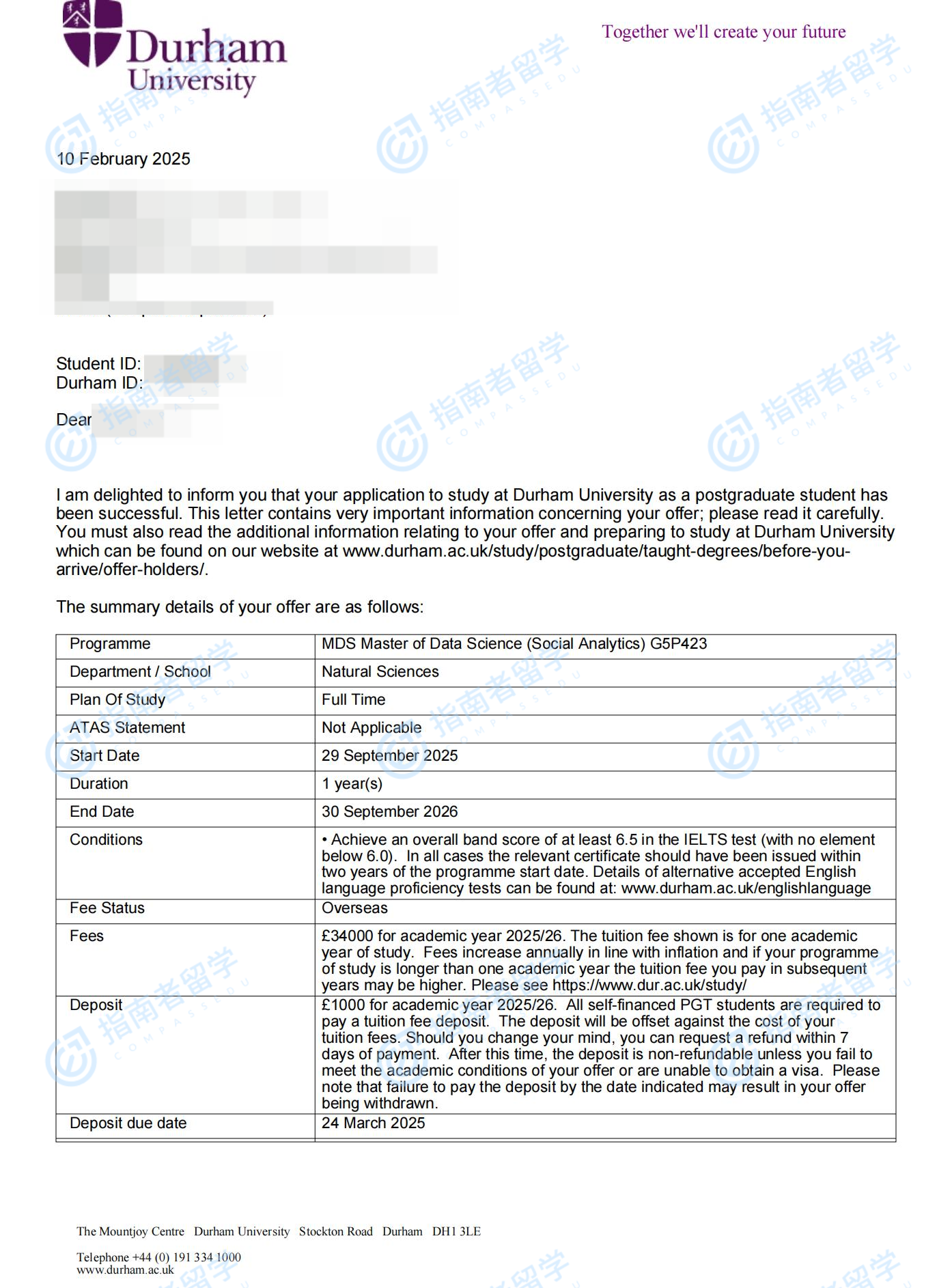 杜伦大学数据科学（社会分析）硕士研究生offer一枚