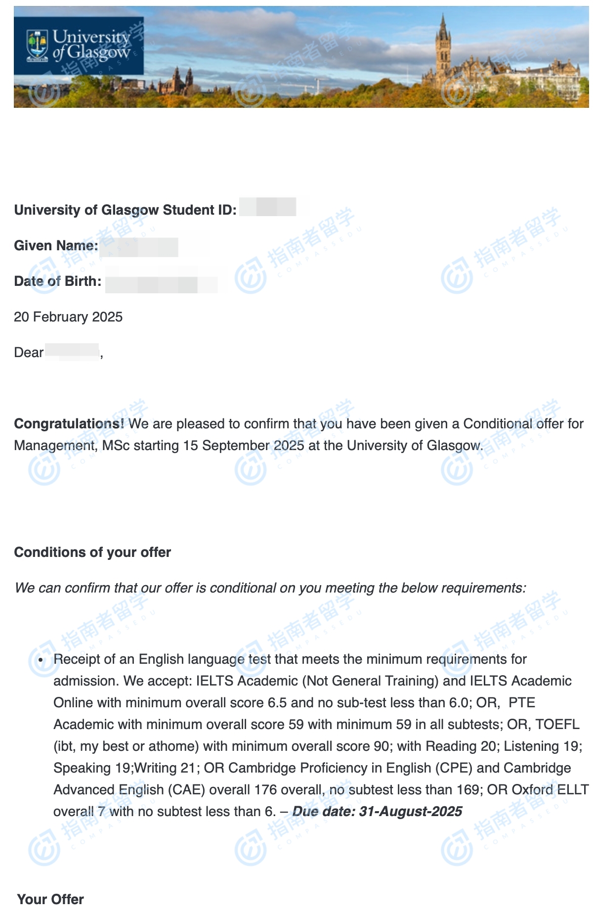 格拉斯哥大学管理学理学硕士研究生offer一枚