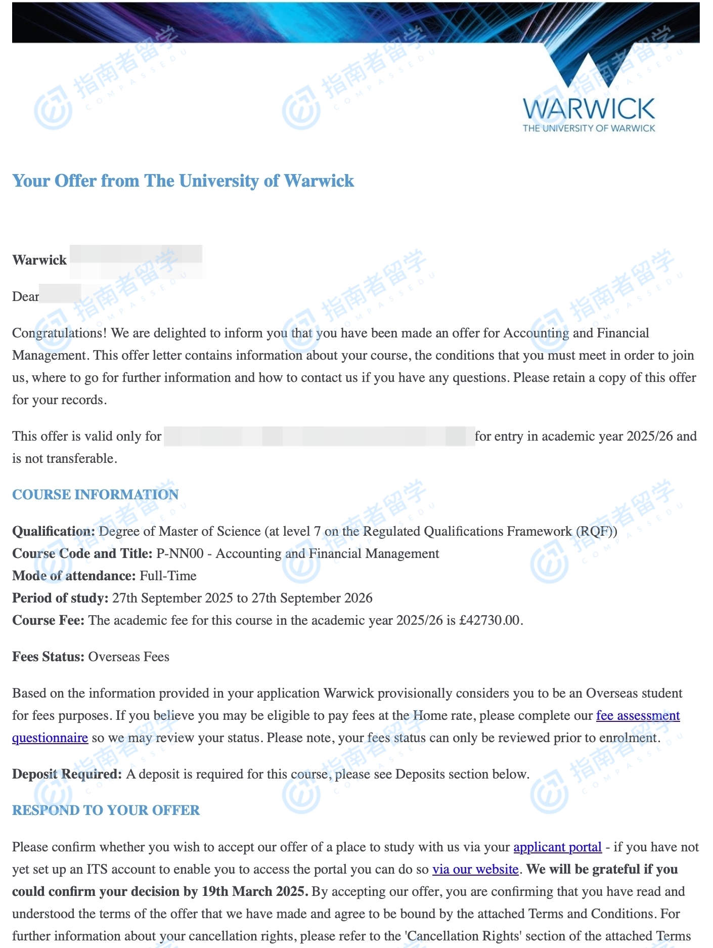 华威大学会计与财务管理理学硕士研究生offer一枚