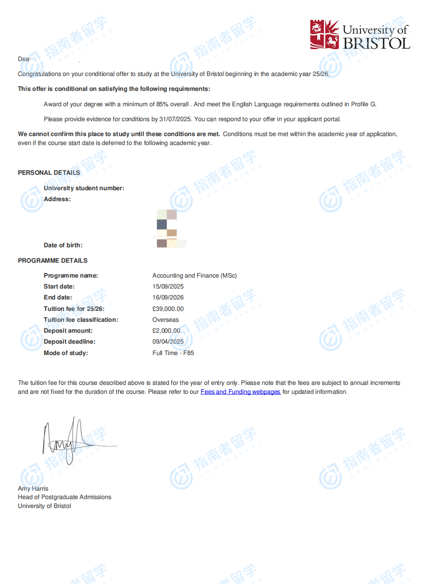 布里斯托大学会计与金融理学硕士研究生offer一枚