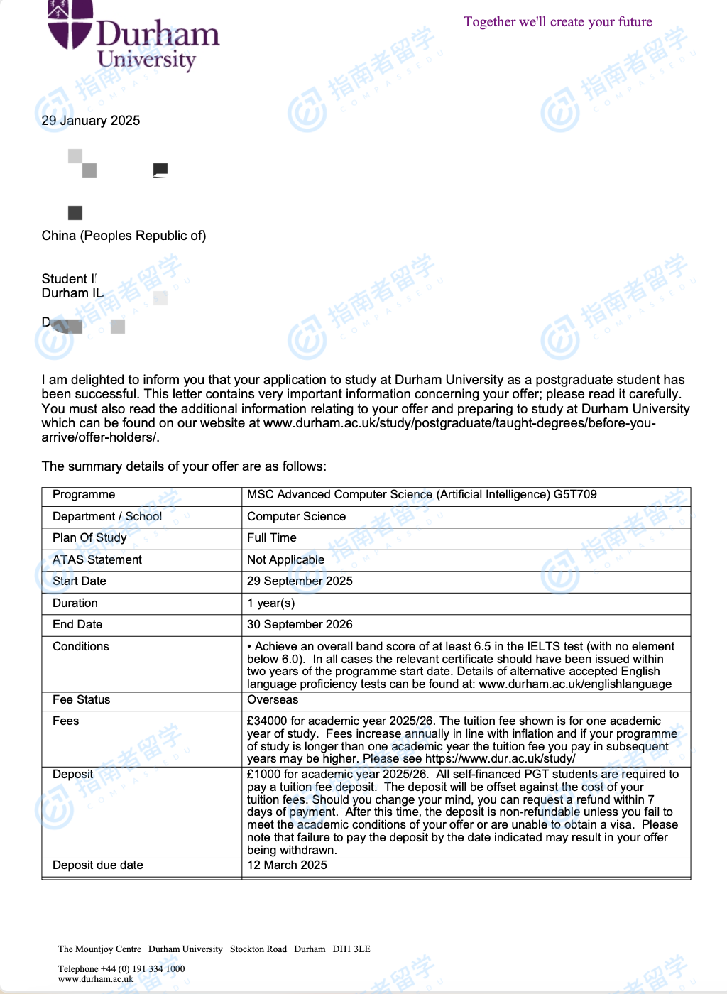 杜伦大学高级计算机科学理学硕士（人工智能）研究生offer一枚