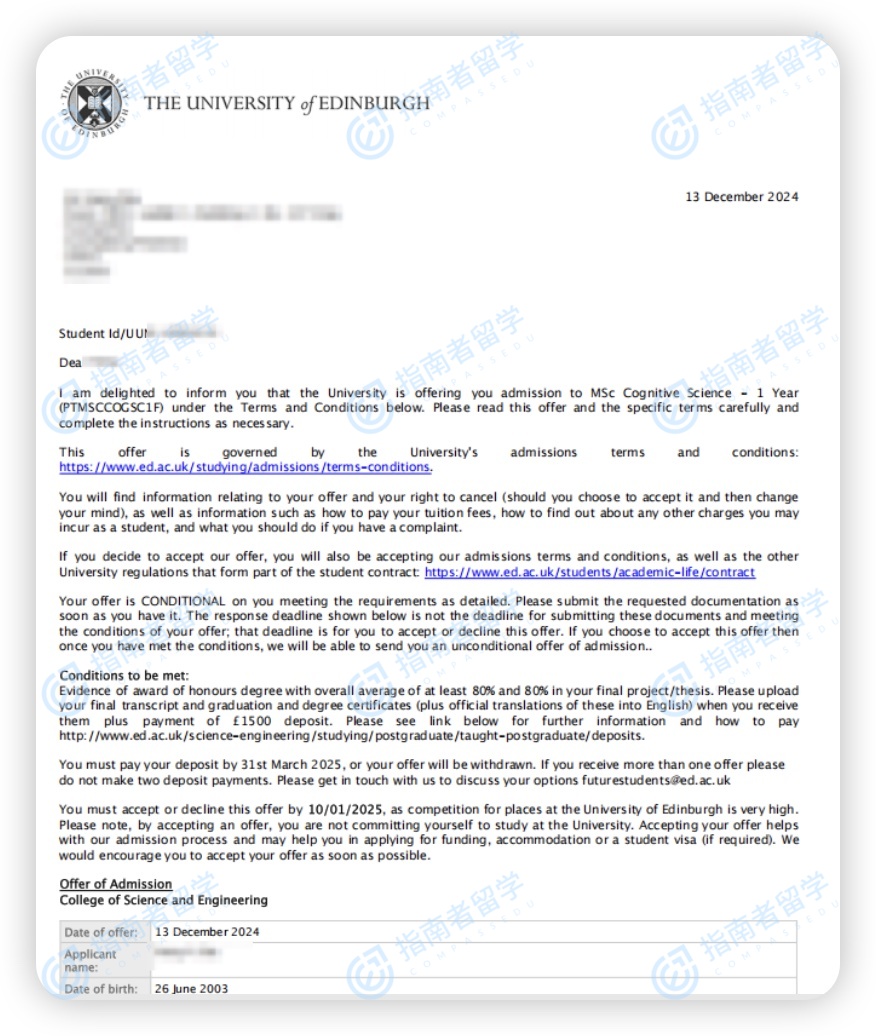 爱丁堡大学认知科学理学硕士研究生offer一枚