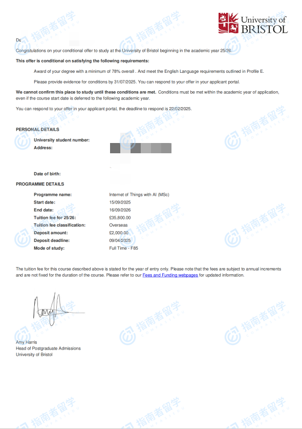 布里斯托大学物联网与人工智能理学硕士研究生offer一枚
