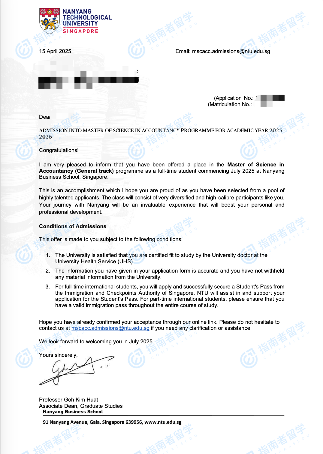 南洋理工大学会计学理学硕士研究生offer一枚
