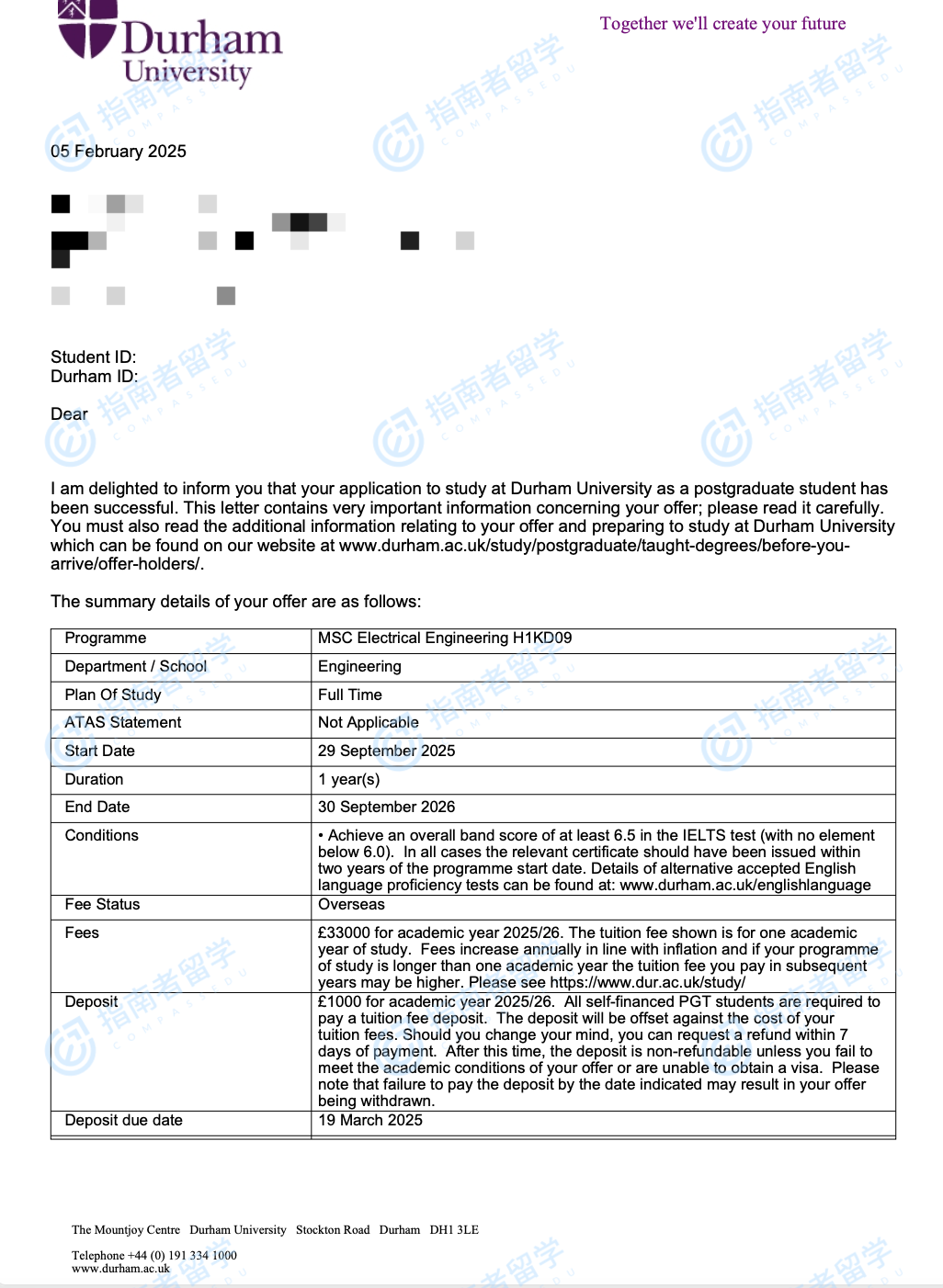 杜伦大学电气工程理学硕士研究生offer一枚