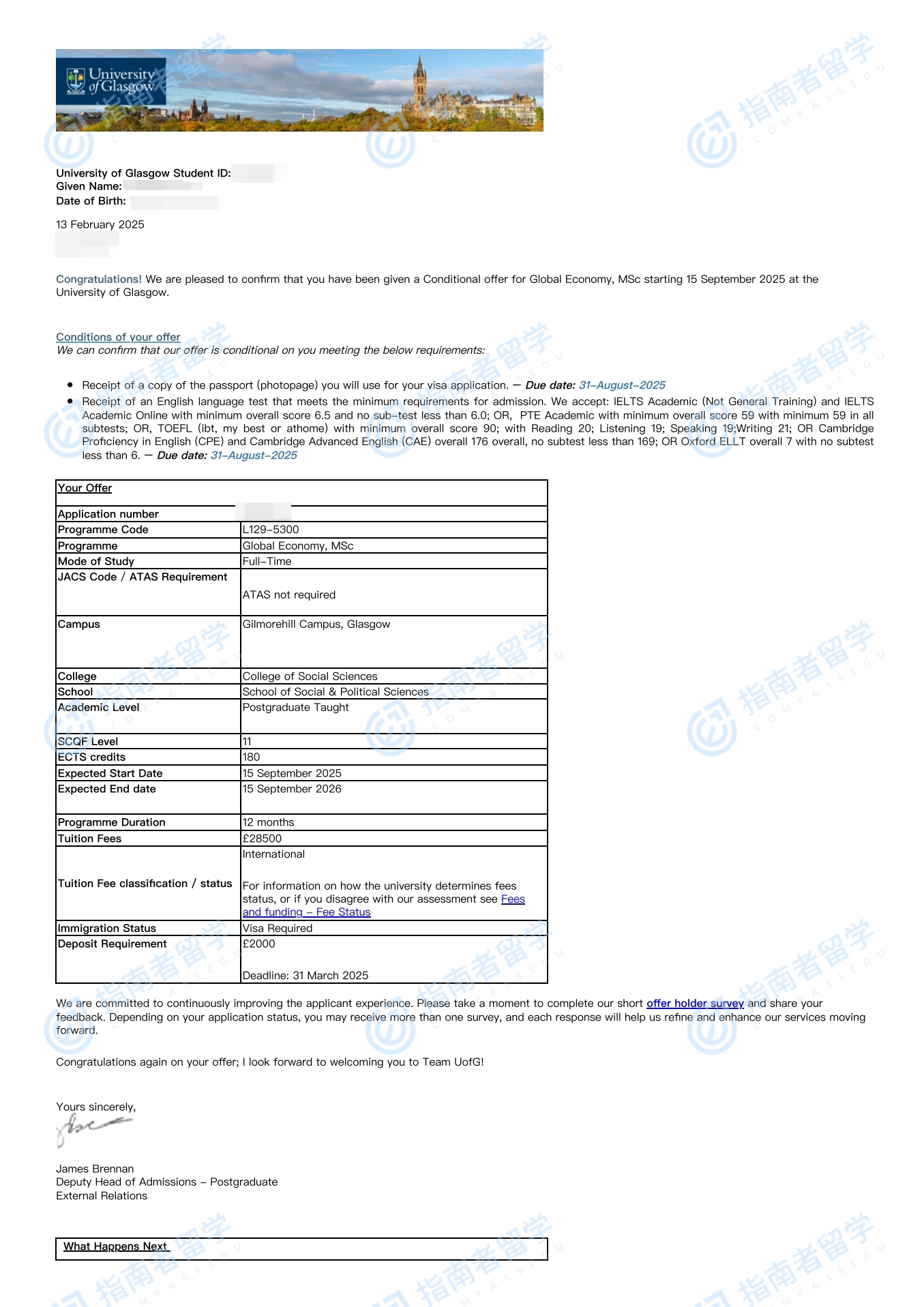 格拉斯哥大学全球经济理学硕士研究生offer一枚