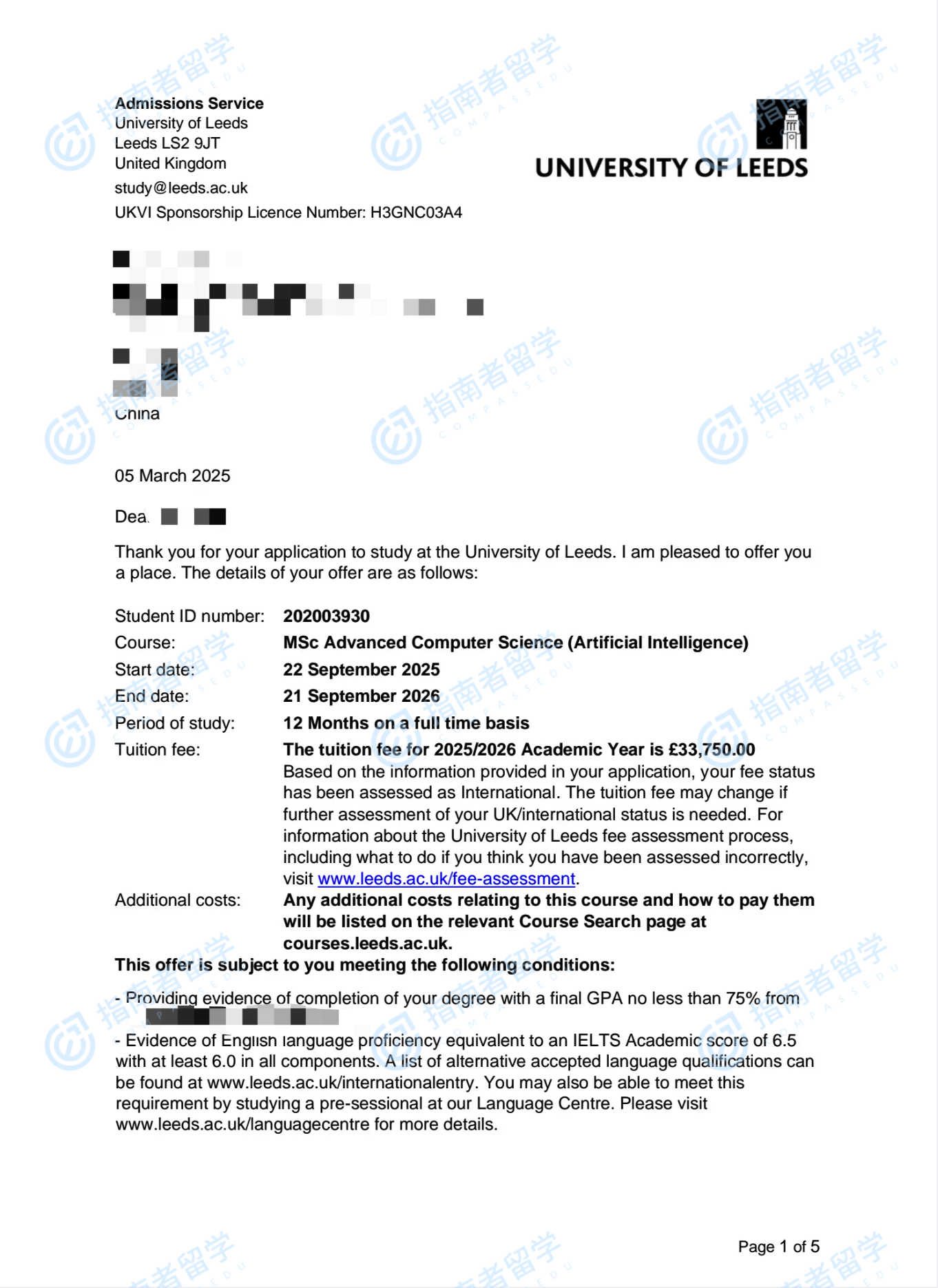 利兹大学高级计算机科学（人工智能）理学硕士研究生offer一枚