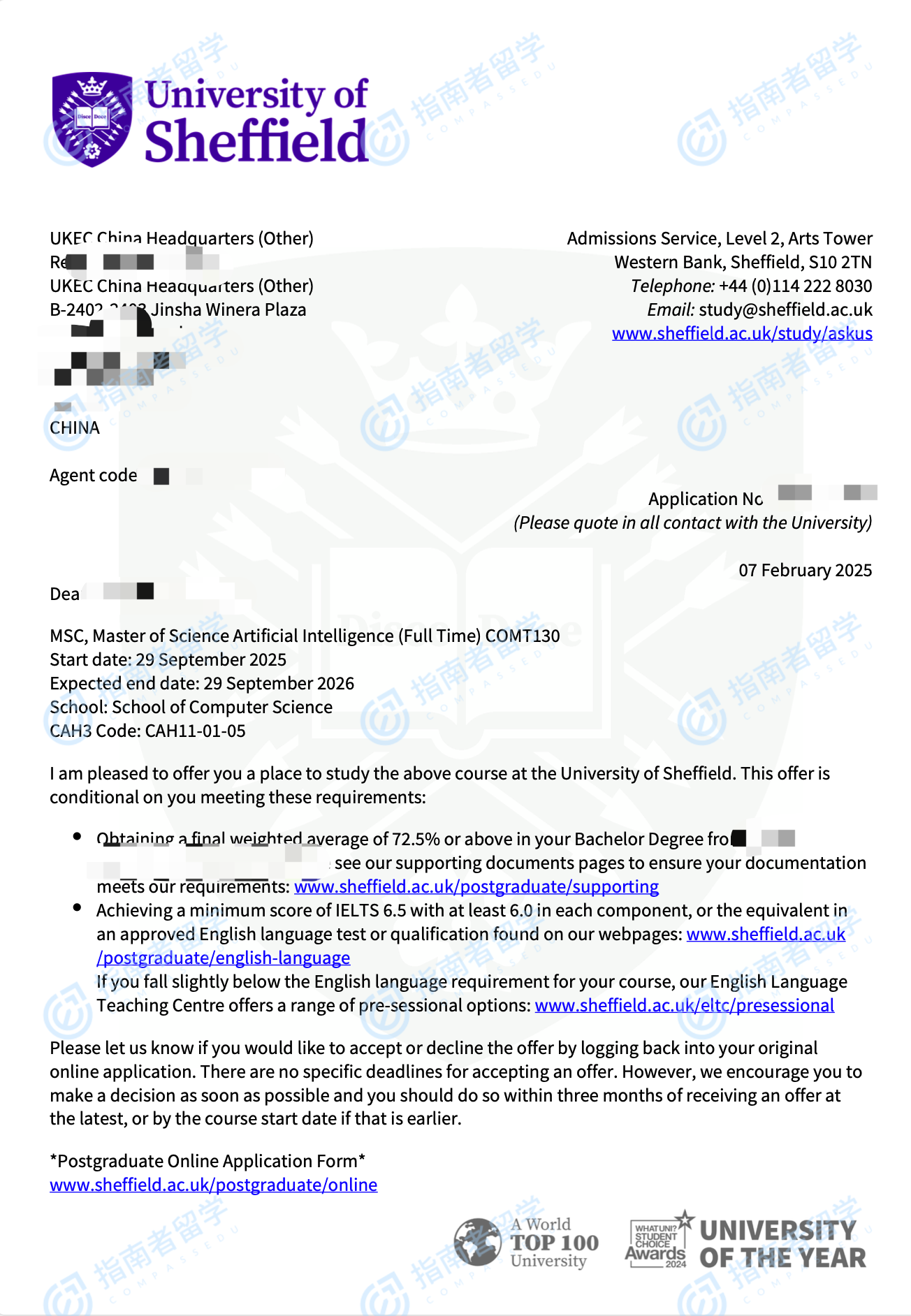 谢菲尔德大学人工智能理学硕士研究生offer一枚