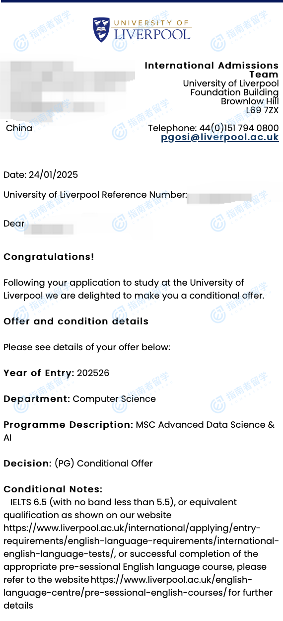 利物浦大学高级数据科学与人工智能理学硕士研究生offer一枚