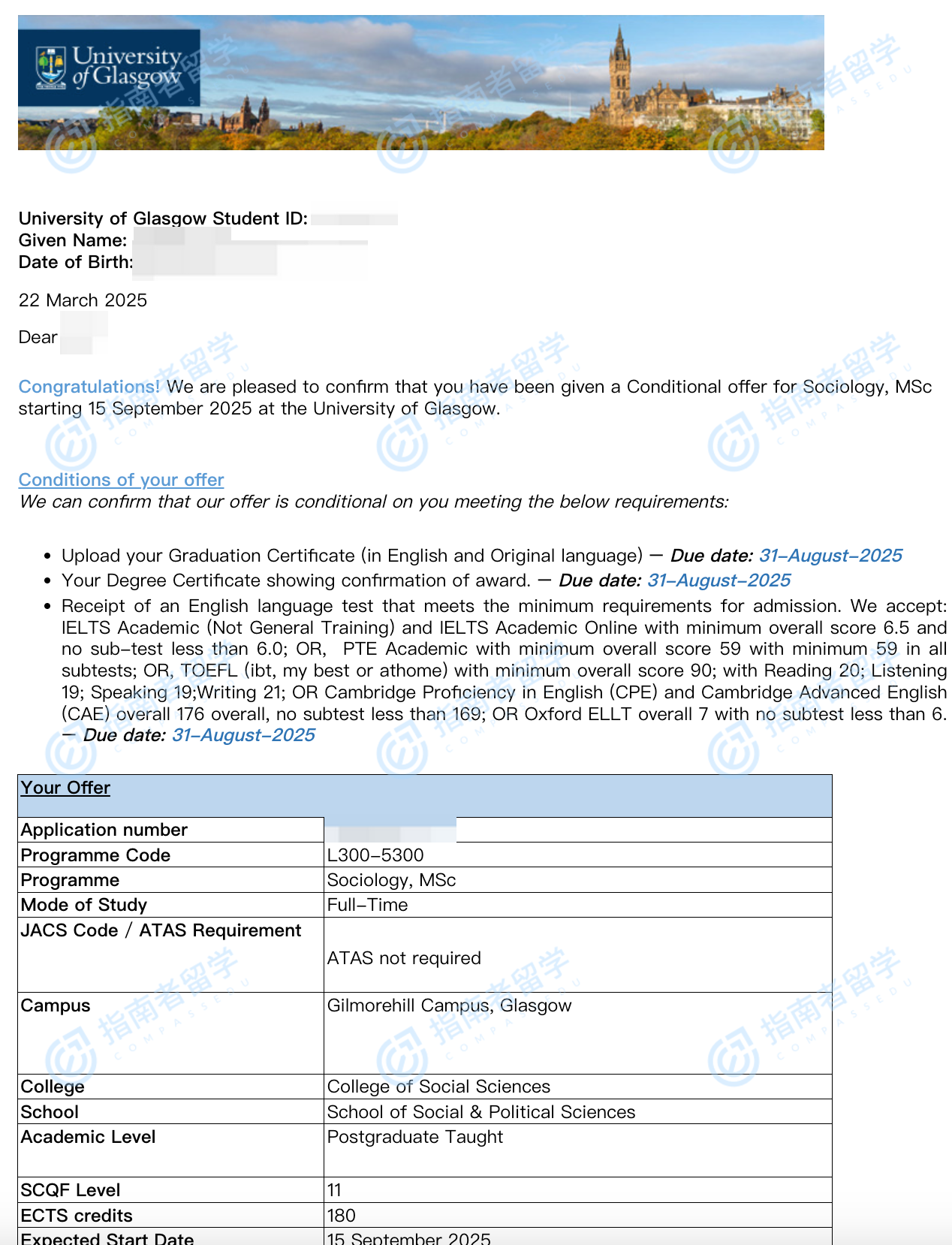 格拉斯哥大学社会学理学硕士研究生offer一枚