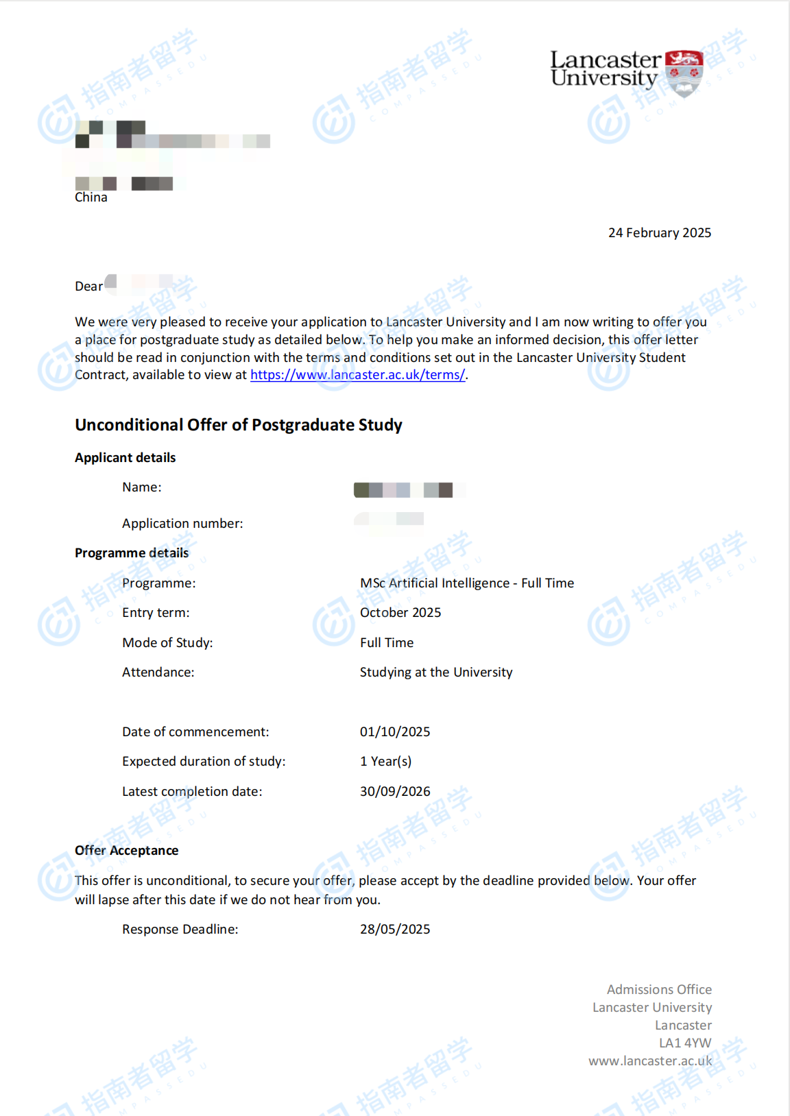 兰卡斯特大学人工智能理学硕士研究生offer一枚