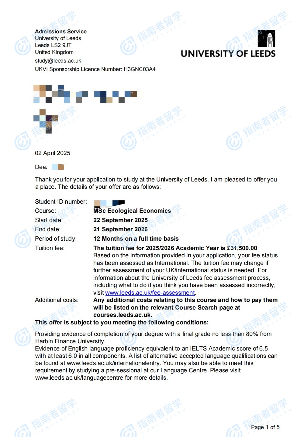 利兹大学生态经济学理学硕士研究生offer一枚