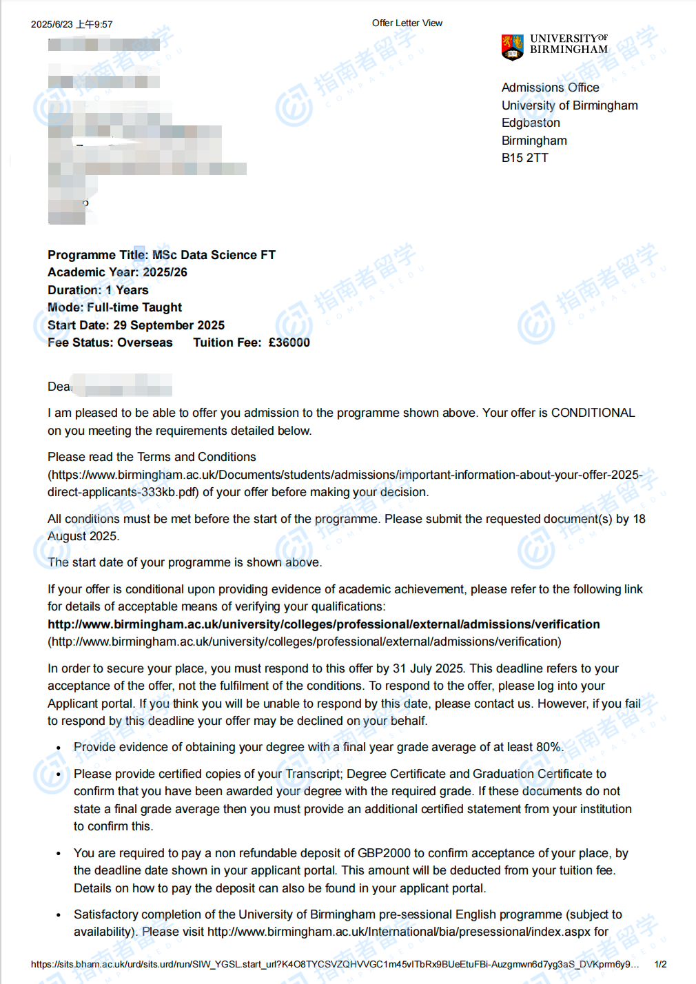数据科学理学硕士offer