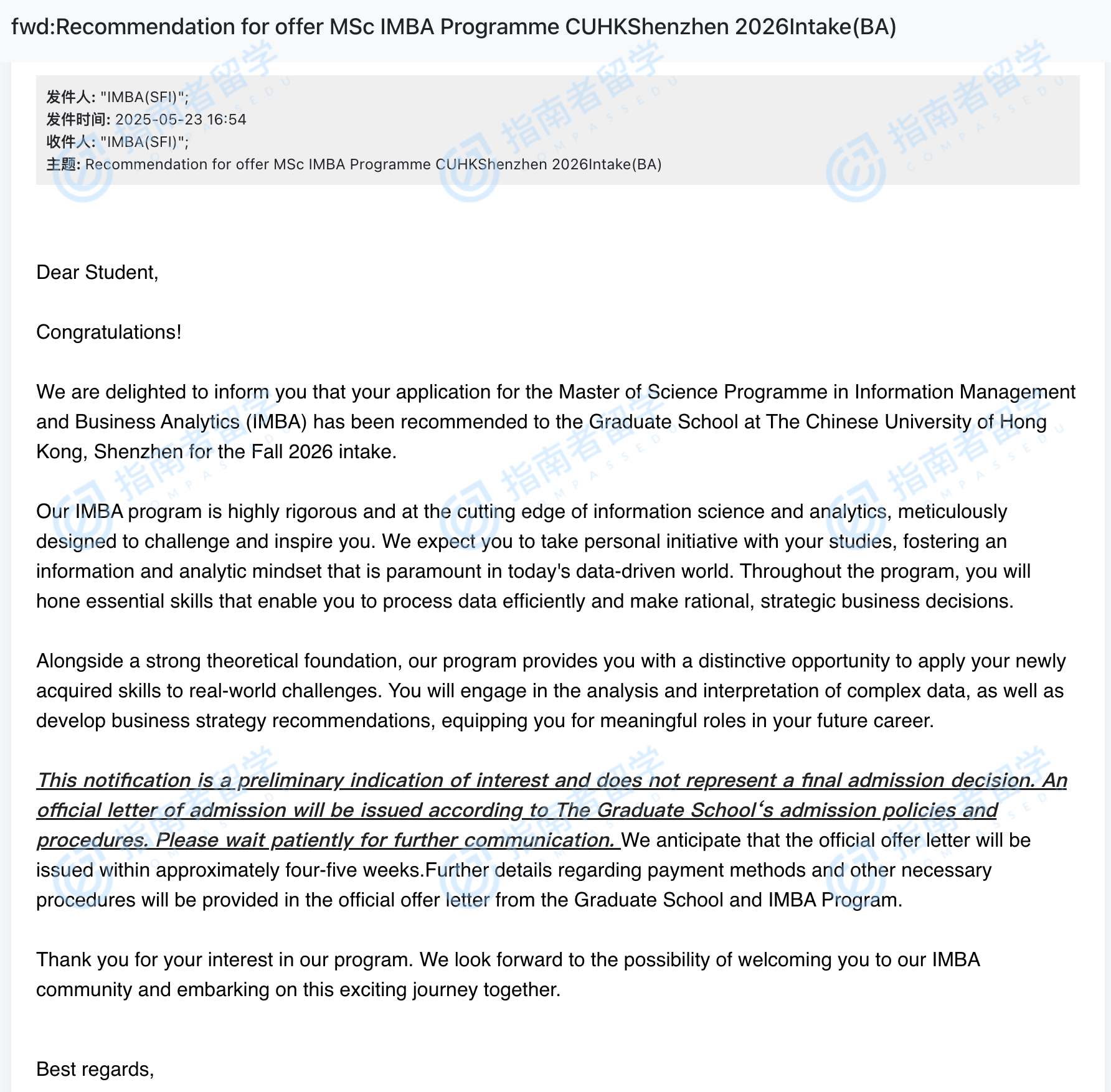 香港中文大学信息管理 & 商业分析理学硕士（CUHK-Shenzhen）研究生offer一枚