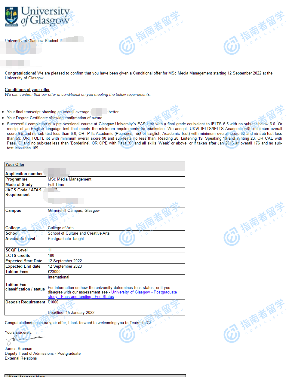 格拉斯哥大学媒体管理理学硕士研究生offer一枚