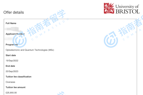 布里斯托大学光电与量子技术理学硕士研究生offer一枚