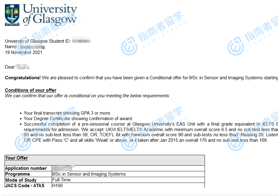 爱丁堡大学传感器与成像系统理学硕士研究生offer一枚