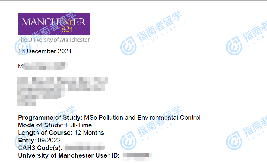 曼彻斯特大学污染与环境控制理学硕士研究生offer一枚
