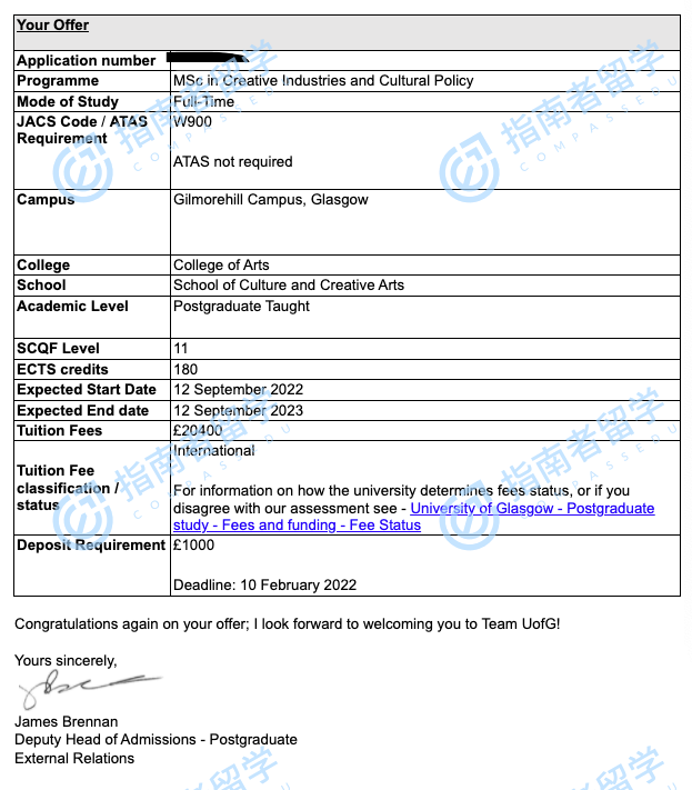 格拉斯哥大学创意产业与文化政策理学硕士研究生offer一枚