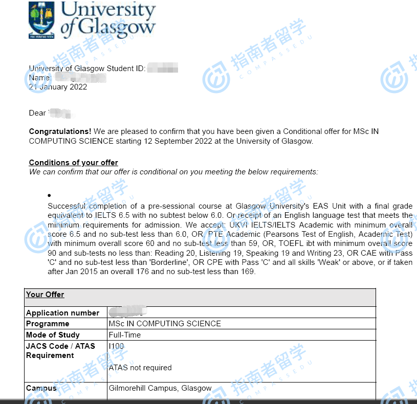 格拉斯哥大学计算科学理学硕士研究生offer一枚