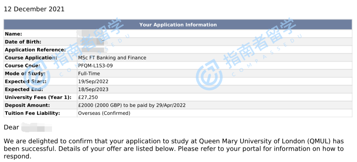 伦敦大学玛丽皇后学院银行与金融理学硕士研究生offer一枚