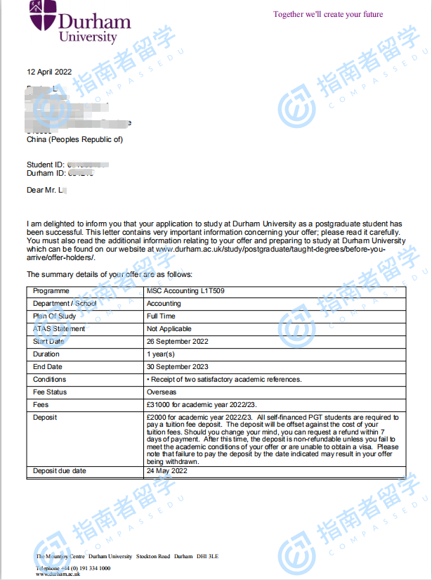 杜伦大学会计学理学硕士研究生offer一枚