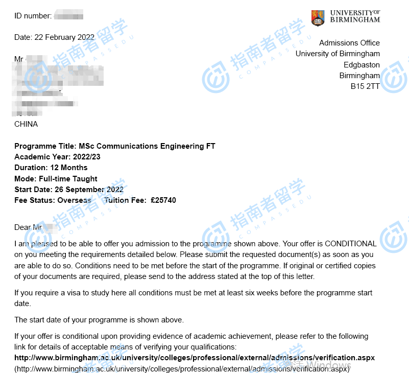 伯明翰大学通信工程理学硕士研究生offer一枚