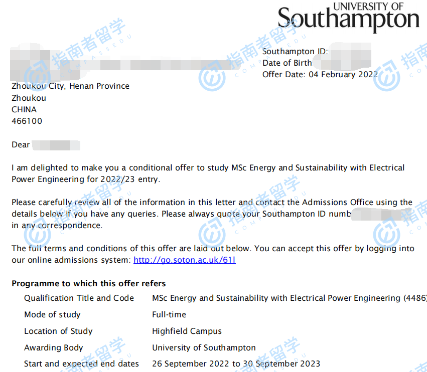 南安普顿大学电力系统理学硕士研究生offer一枚