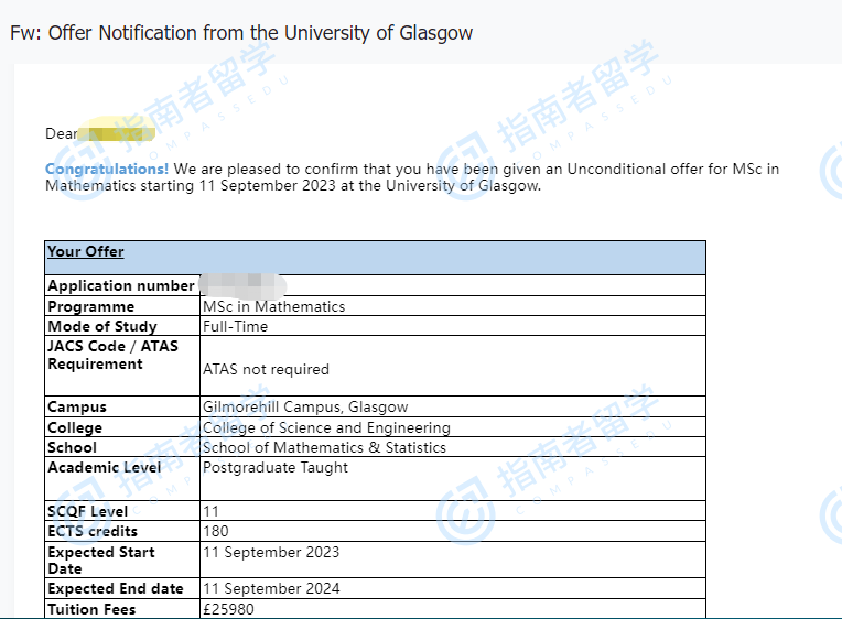 格拉斯哥大学数学/应用数学理学硕士研究生offer一枚