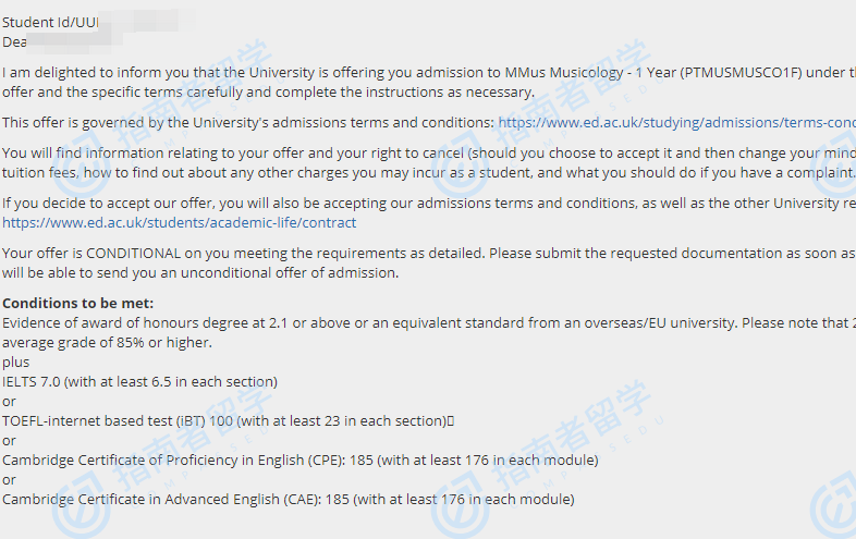 爱丁堡大学音乐学音乐硕士研究生offer一枚