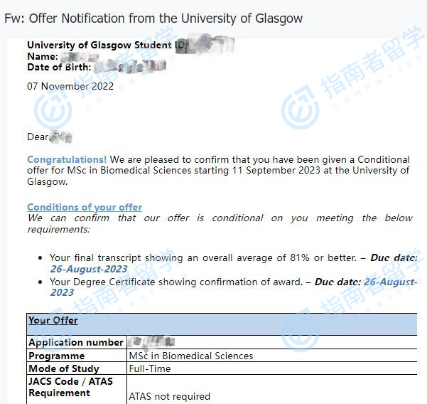 格拉斯哥大学生物医学科学理学硕士研究生offer一枚