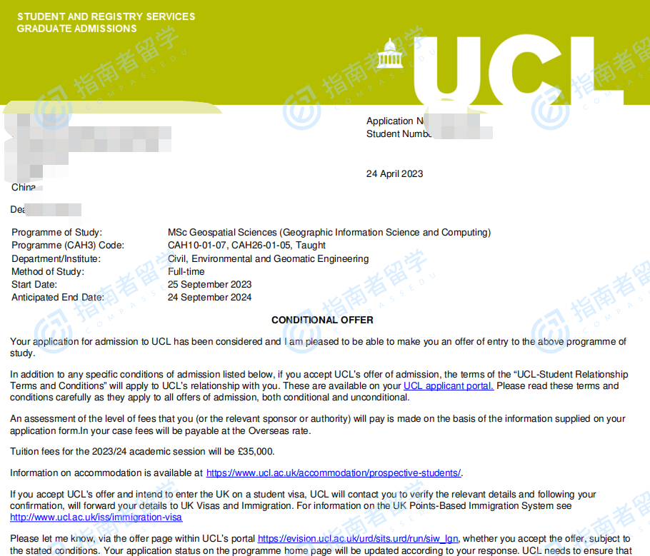伦敦大学学院地理空间科学（地理信息科学与计算）理学硕士研究生offer一枚