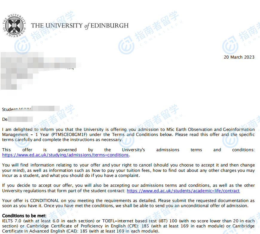 爱丁堡大学地球观测与地理信息管理理学硕士研究生offer一枚